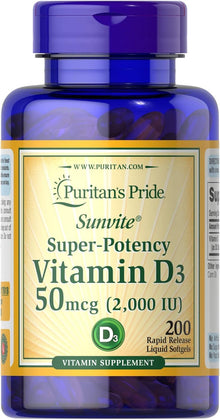 Puritan's Pride Vitamin D3 50 mcg 2,000 IU - 200 softgels Puritan's Pride
