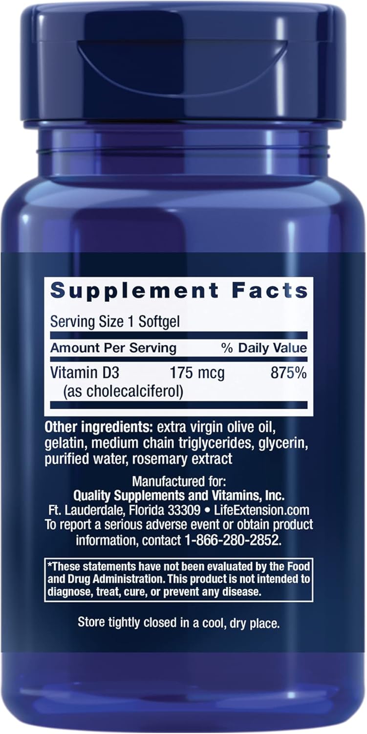 Life Extension Vitamin D3 175 mcg (7000 IU), immune system support, bone health, brain performance, gluten-free, non-GMO, once daily, two-month supply, 60 softgels