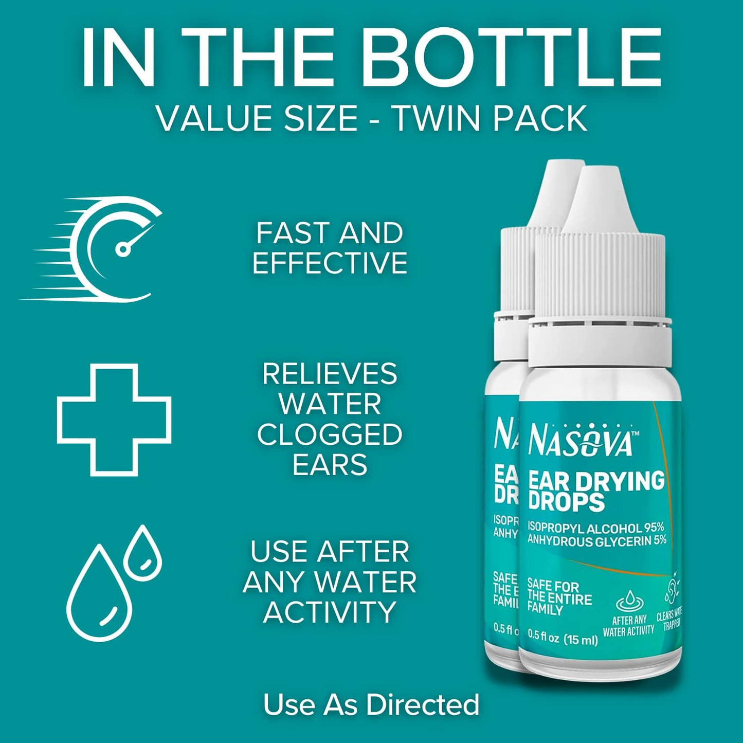 Nasova Swimmer's Ear Drying Drops for Adults & Kids, Twin Pack 2X 0.5 fl oz Bottles (15 ml Each) Clear Trapped Water After Any Water Activity.
