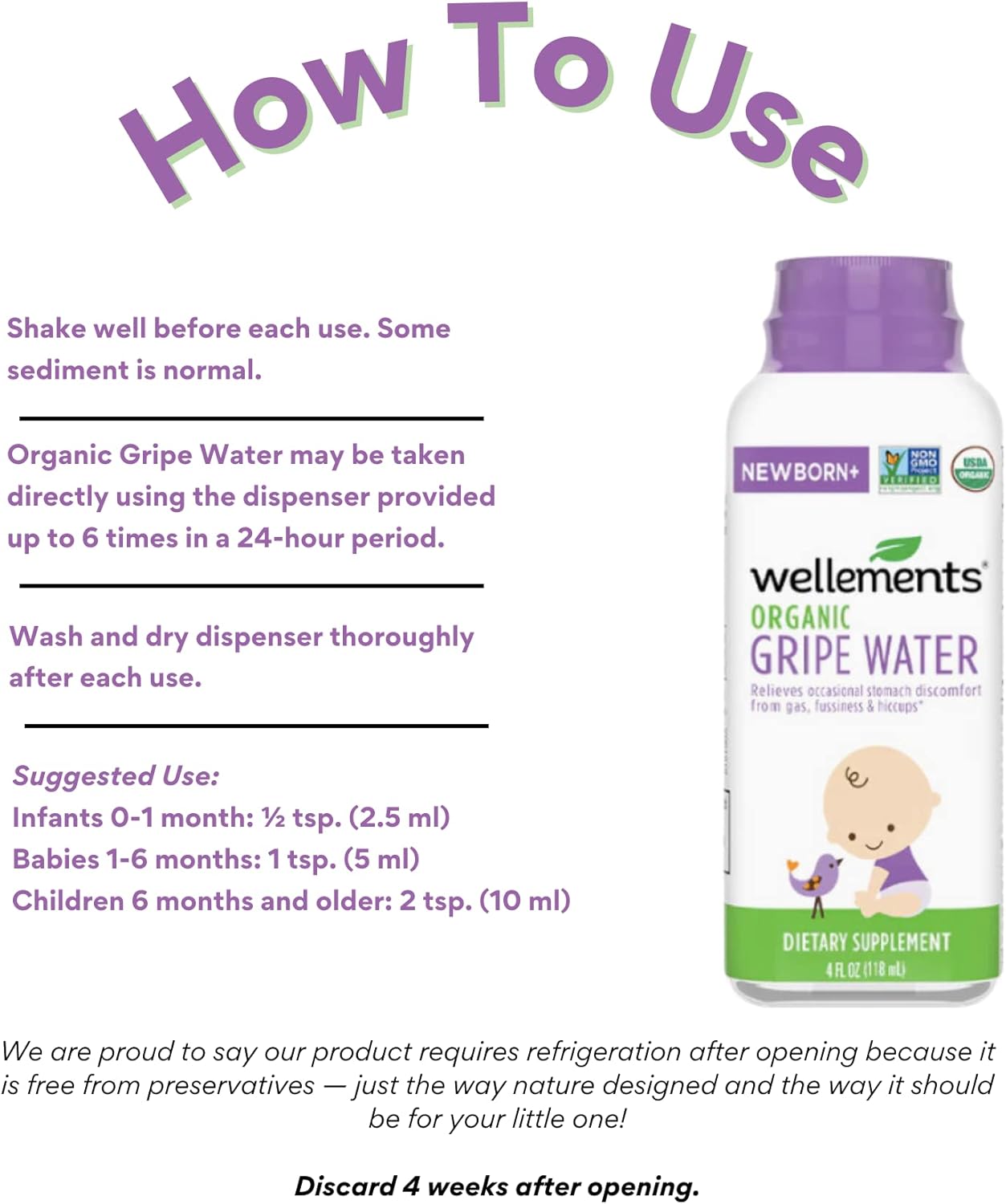 Wellements Organic Gripe Water, 4 Fl Oz, Eases Baby's Stomach Discomfort and Gas, Free from Dyes, Parabens, Preservatives