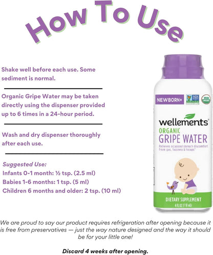 Wellements Organic Gripe Water, 4 Fl Oz, Eases Baby's Stomach Discomfort and Gas, Free from Dyes, Parabens, Preservatives