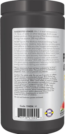 NOW Sports, Pre-Workout Advanced Energy Supplement, Watermelon Flavor, 21.16 oz Vitamins Depots