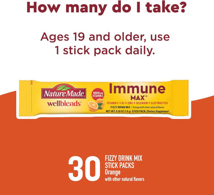 Nature Made Wellblends ImmuneMAX Fizzy Drink Mix, Vitamin C 1500mg, Zinc 15 mg, Vitamin D3 1000 IU (25 mcg), plus B Vitamins and Electrolytes Hydration Blend, 30 Stick Packs