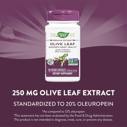 Nature's Way Premium Extract Standardized Olive Leaf 20% Oleuropein, 250 mg per serving, 60 VCaps