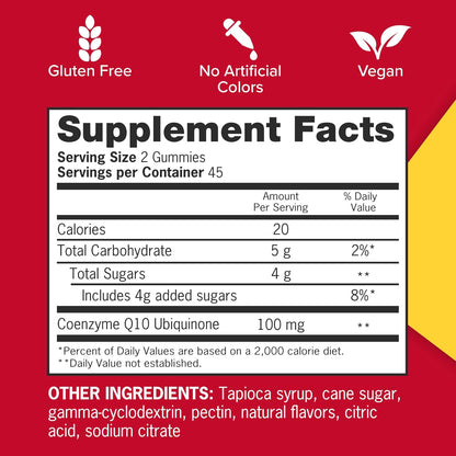 Qunol CoQ10 100mg, Delicious Gummy Supplements, Coenzyme Q10 Helps Support Heart Health, Vegan, Gluten Free, Ultra High Absorption - 90 Count