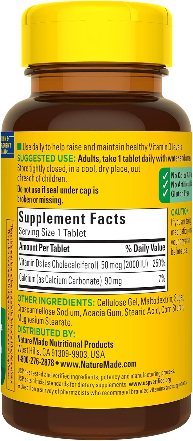 Nature Made Vitamin D3 2000 IU (50 mcg) Softgels, Dietary Supplement for Bone and Immune Health Support, 100 Count
