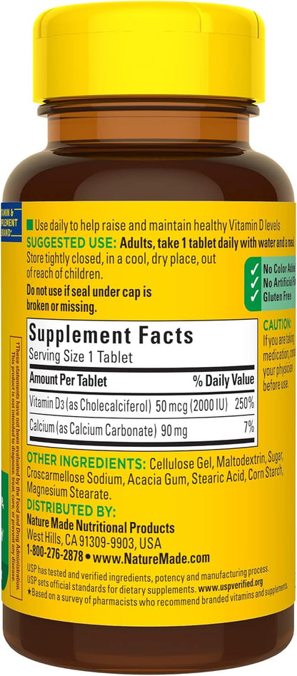 Nature Made Vitamin D3 2000 IU (50 mcg) Softgels, Dietary Supplement for Bone and Immune Health Support, 100 Count