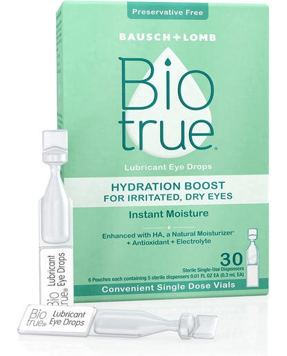 Biotrue Hydration Boost Eye Drops for Irritated, Dry Eyes in Single Dose Vials from Bausch + Lomb, Instant Moisture, Preservative Free, pH Balanced, Naturally Inspired, Pack of 30 Vials