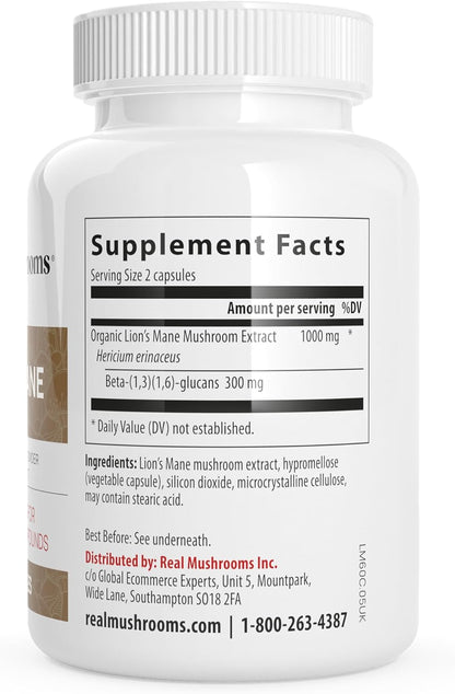 Real Mushrooms Lion’s Mane Capsules - Organic Lions Mane Mushroom Extract for Cognitive Function & Immune Support - Brain Supplements for Memory and Focus - Vegan Mushroom Supplement, 120 Caps