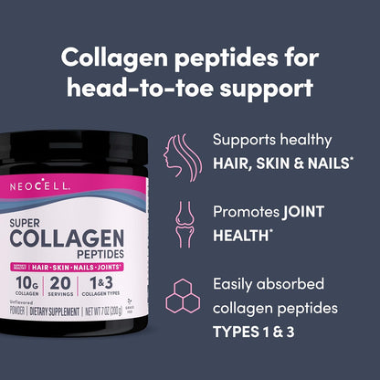 Neocell Collagen Powder, 10g Collagen Peptides per Serving, Healthy Hair, Skin, Nails & Joints, Unflavored, 7 Oz