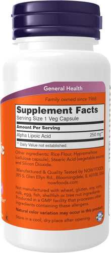 NOW Foods Supplements, Alpha Lipoic Acid 250 mg, 60 Veg Capsules now