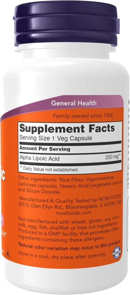NOW Foods Supplements, Alpha Lipoic Acid 250 mg, 60 Veg Capsules