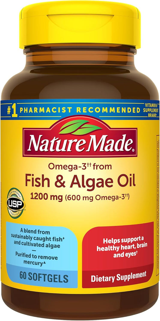Nature Made Omega 3 Fish Oil and Algae Oil Supplements, 1200mg, 60 Softgels