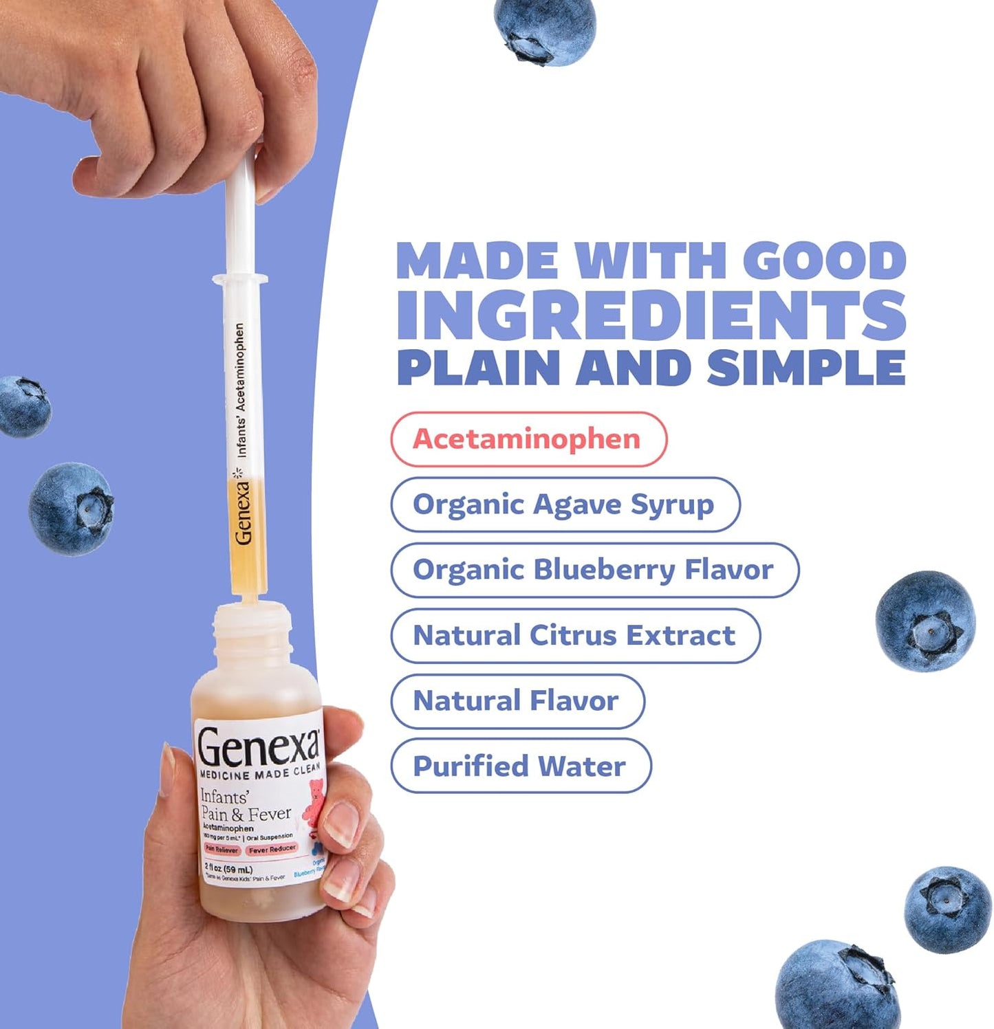 Genexa Infants’ Acetaminophen Oral Suspension | for Babies | Temporarily Relieves Pain and Fever Symptoms | 160 mg per 5 mL | Organic Blueberry