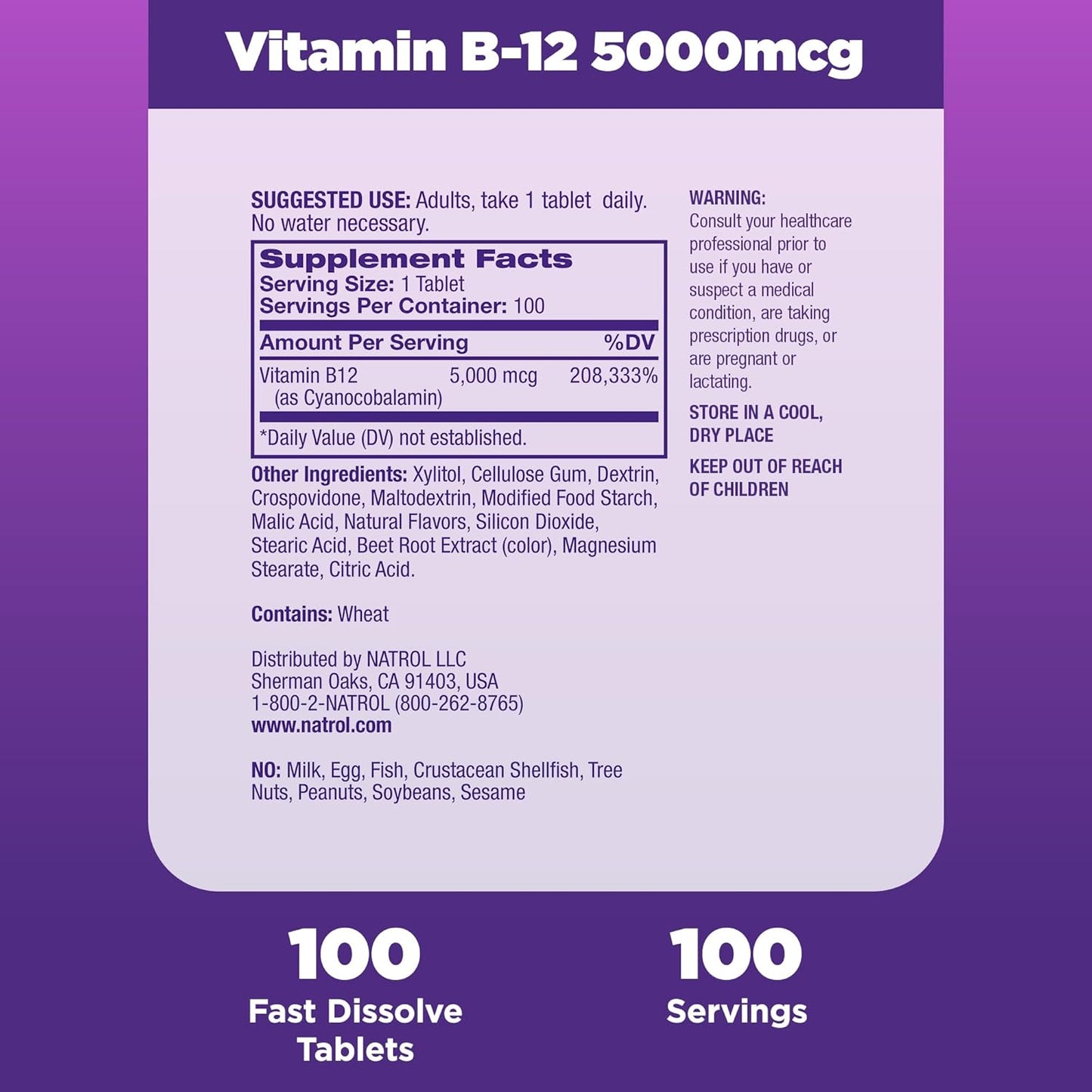 Natrol Vitamin B12 Fast Dissolve Tablets, Promotes Energy, Supports a Healthy Nervous System, Maximum Strength, Strawberry Flavor, 5,000mcg, 100 Ct