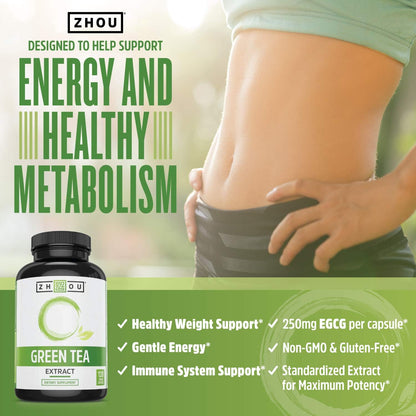 Zhou Green Tea Extract with EGCG, Metabolism, Natural Energy, Mental Focus, Immune Support, Antioxidant and Healthy Heart Formula, Non-GMO, Gluten Free, Money Back Guarantee, 120 Capsules