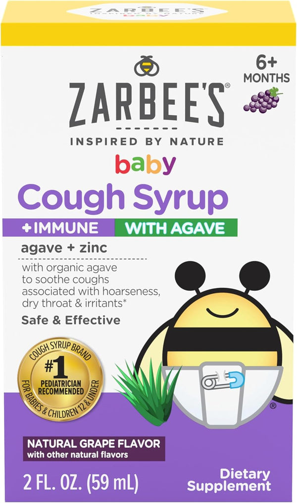 Zarbee's Baby Cough Syrup + Immune with Organic Agave & Zinc, Natural Grape Flavor, 2 fl oz Zarbee