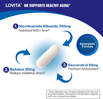 Lovita NR (Nicotinamide Riboside) 350 mg, Similar to NMN, NAD Supplement with Resveratrol and Betaine, 30 Vegetarian Capsules