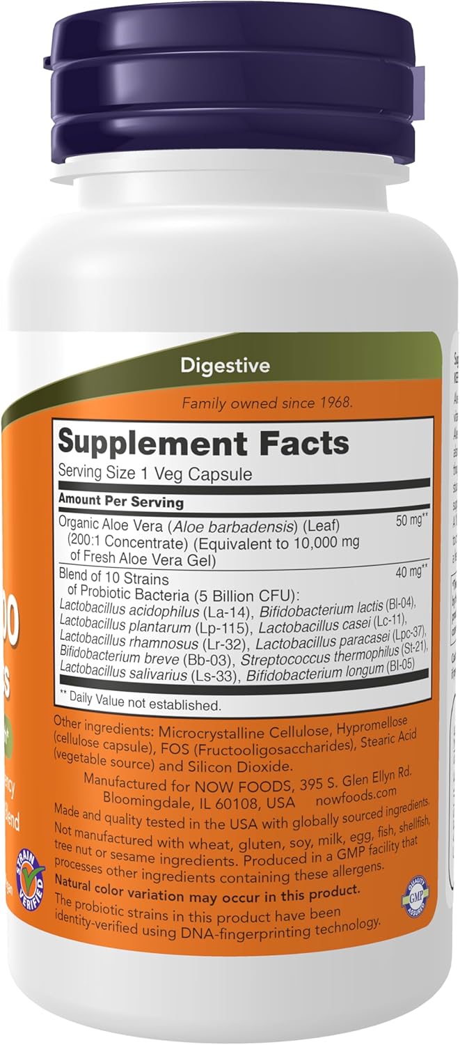 NOW Foods Supplements, Aloe 10,000 & Probiotics with 10-Strain (5 Billion), 60 Veg Capsules