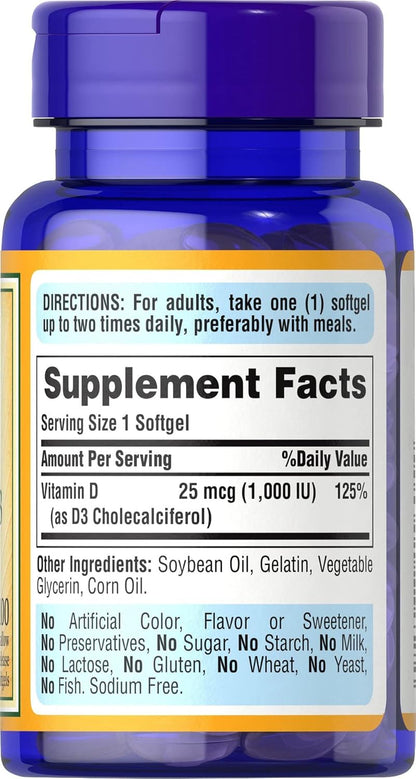 Puritan's Pride High Potency Vitamin D3 25 mcg 1000 Iu Softgels, 100