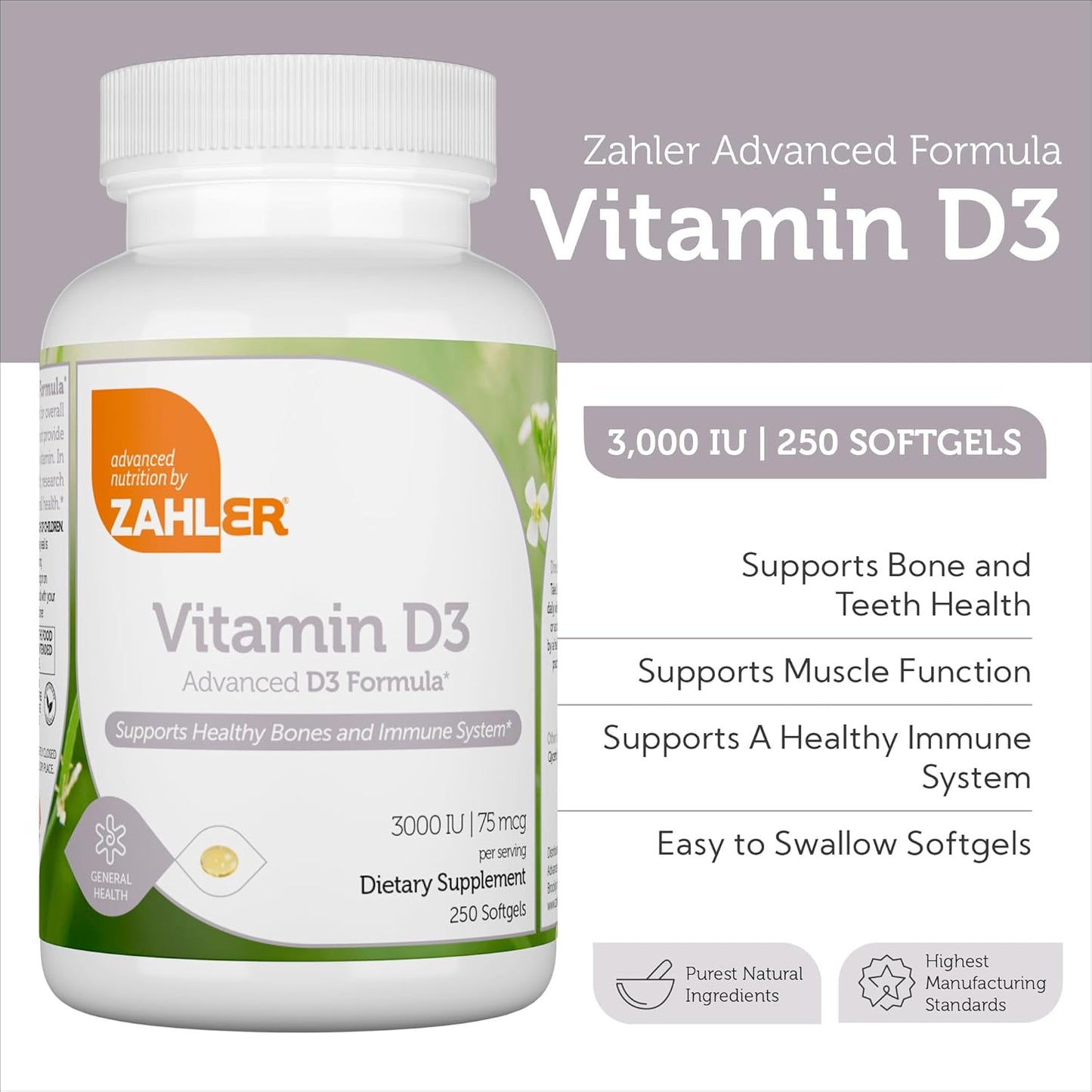 Zahler  D3, Advanced D3 Formula, 75 mcg (3,000 IU), 120 Softgels,