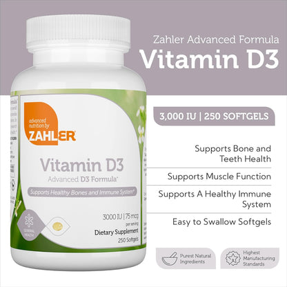 Zahler  D3, Advanced D3 Formula, 75 mcg (3,000 IU), 120 Softgels,