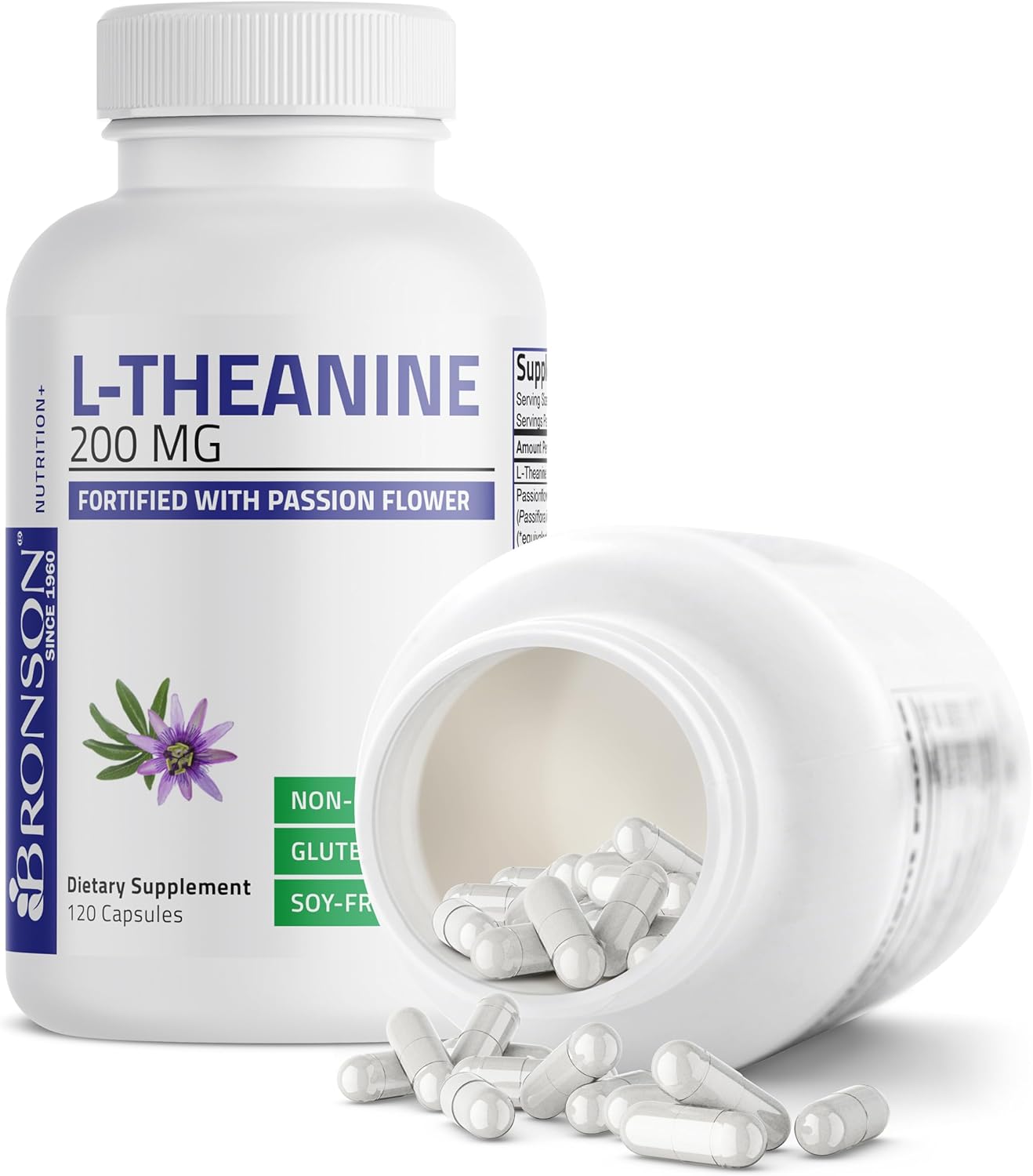 Bronson L-Theanine 200mg (Double-Strength) with Passion Flower Herb, 120 Capsules