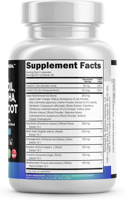 Sea Moss 3000mg Black Seed Oil 2000mg Ashwagandha 1000mg Turmeric 1000mg Bladderwrack 1000mg Burdock 1000mg & Vitamin C & D3 with Elderberry