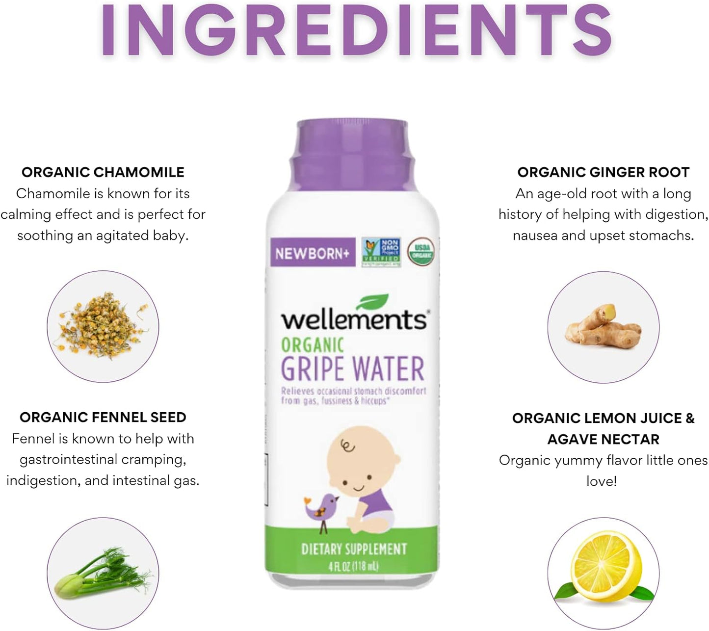 Wellements Organic Gripe Water, 4 Fl Oz, Eases Baby's Stomach Discomfort and Gas, Free from Dyes, Parabens, Preservatives