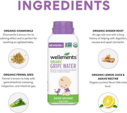 Wellements Organic Gripe Water, 4 Fl Oz, Eases Baby's Stomach Discomfort and Gas, Free from Dyes, Parabens, Preservatives