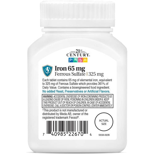 21st Century Iron 65 mg Ferrous Sulfate 325 mg Tablets, 120 Count
