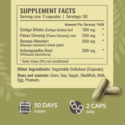 Brain Supplement - Nootropic Supplement to Support Cognitive Function, Memory, Mental Focus, Energy - Natural, Non-GMO, Vegan Formula - Ginkgo Biloba, Ginseng, Bacopa - 1400mg, 100 Capsules