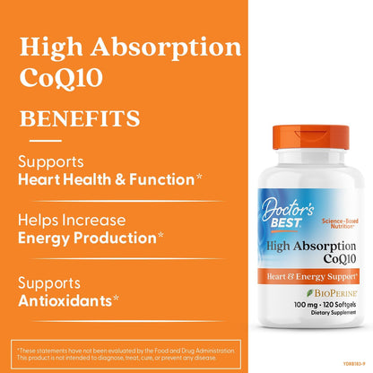 Doctor's Best High Absorption CoQ10 with BioPerine, Gluten Free, Naturally Fermented, Heart Health, Energy Production, 100 mg, 120