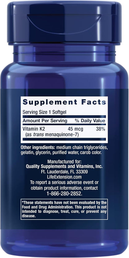 Life Extension Low Dose Vitamin K2 45 mcg  Supports Arterial & Cardiovascular Health  Heart & Bone Health Supplements - Gluten-Free, Non-GMO 90 Softgels