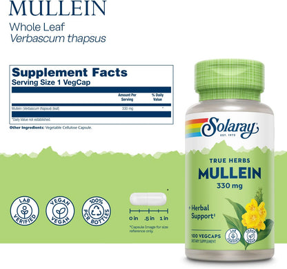 Solaray Mullein Leaf, Herbal Support for Healthy Respiratory and Bronchial Function and Soothing Support, Vegan, 100 Servings, 100 VegCaps