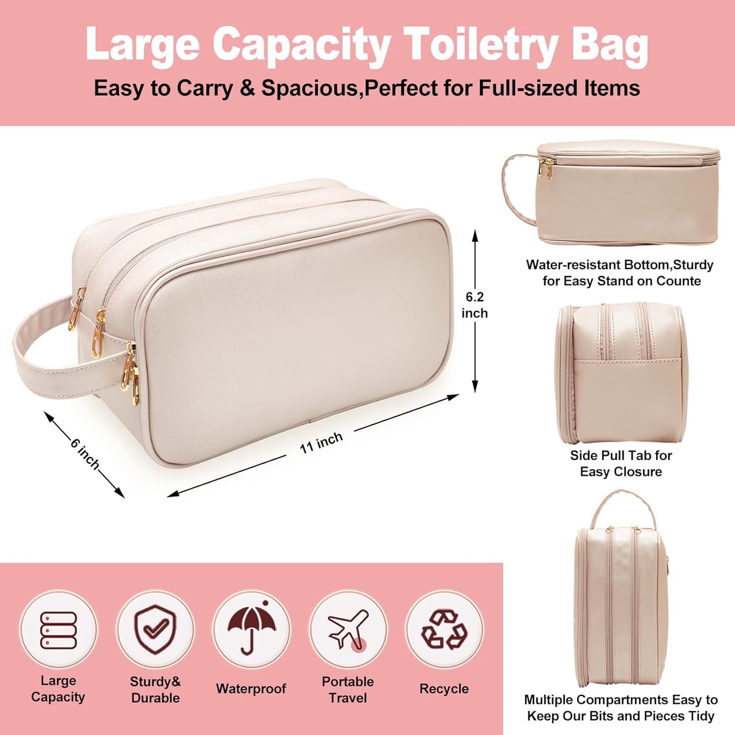 Travel-Essentials Toiletry Bag for Women, Water Resistant Makeup-Bag-For-Travel-Accessories, Dorm Room Essentials, Eco Leather Cosmetic Bag