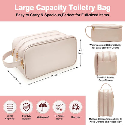 Travel-Essentials Toiletry Bag for Women, Water Resistant Makeup-Bag-For-Travel-Accessories, Dorm Room Essentials, Eco Leather Cosmetic Bag