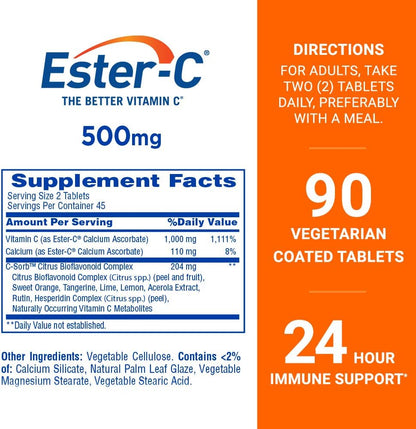 Ester-C 500 mg 24 Hour Vitamin C Tablets for Immune Support, Vitamin C Supplement, 90 Count