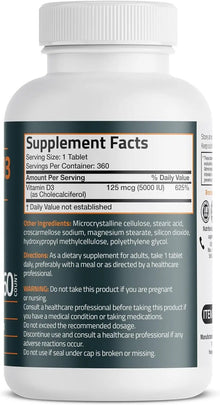 Bronson Vitamin D3 5,000 IU (125 MCG) 1 Year Supply for Healthy Muscle Function and Immune Support, Non-GMO, 360 Tablets Bronson