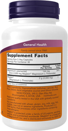 NOW Foods Supplements, Magtein™ with patented form of Magnesium (Mg), Cognitive Support*, 90 Veg Capsules now