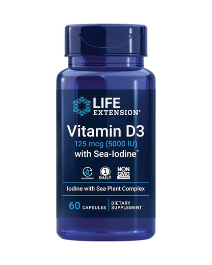 Life Extension Vitamin D3 125 mcg (5000 IU) with Sea-Iodine – 60 Capsules