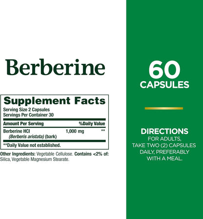 Nature's Bounty 1000mg Berberine Herbal Health Capsules, 60 capsules