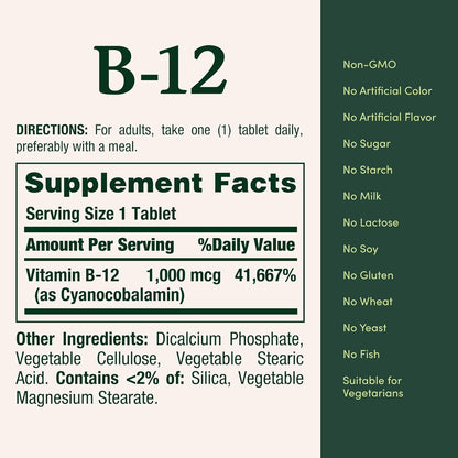 Nature's Bounty, Vitamin B-12, 1,000 mcg, 100 CoatedTablets