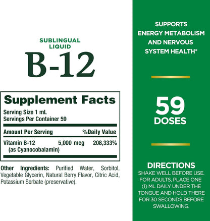 Nature's Bounty Vitamin B12 5000 Mcg Sublingual Liquid, 1 Count