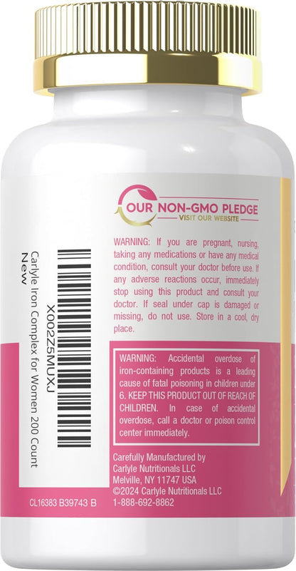 CARLYLE Iron Supplement for Women 45mg | 200 Tablets | Vegetarian, Non-GMO, Gluten Free, Slow Release Pills