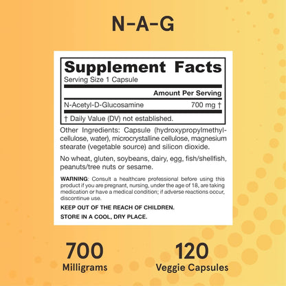 Jarrow Formulas N-A-G 700 mg - 120 Veggie Caps - N-Acetyl Glucosamine - Versatile Form of Glucosamine - Supports Joint & Intestinal Health - Up to 120 Servings