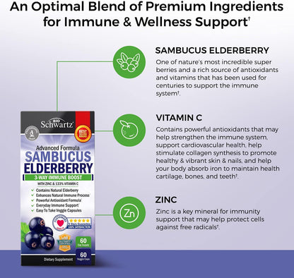 Elderberry with Zinc and Vitamin C for Adults - Immune Support Vitamins for Women and Men -  60 Ct