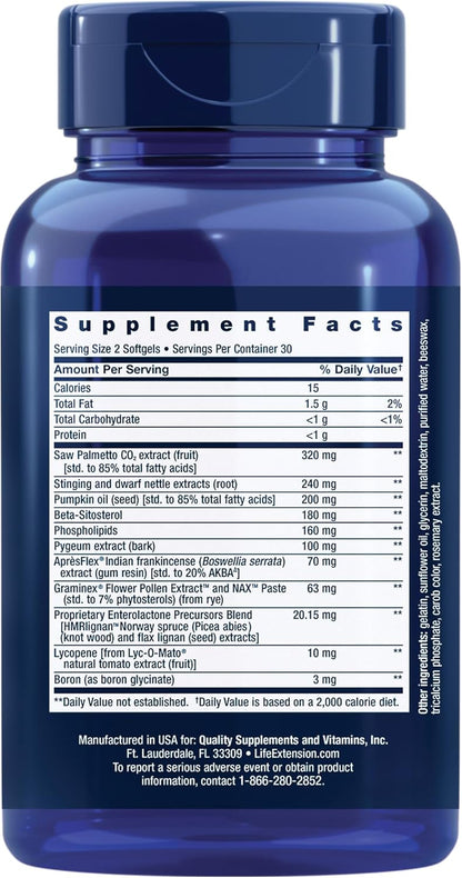 Life Extension Ultra Prostate Formula, saw palmetto for men, pygeum, stinging nettle root, lycopene, 11 nutrients for prostate function, non-GMO, gluten-free, 60 softgels