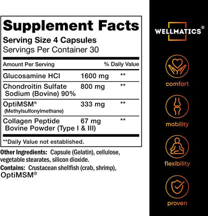 WELLMATICS Glucosamine Chondroitin with MSM & Collagen - Made in USA - Natural Joint Support Supplement - Triple Action for Joint Health - Joint Discomfort Relief for Back, Knees, Hands - 120 Capsules