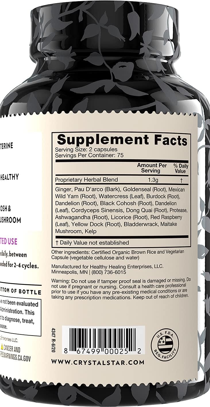Crystal Star Fibro Defense, 150 Capsules - Breast & Uterine Health Between Periods - Natural Herbal Supplement Caps for Women - Vegetarian, Non GMO